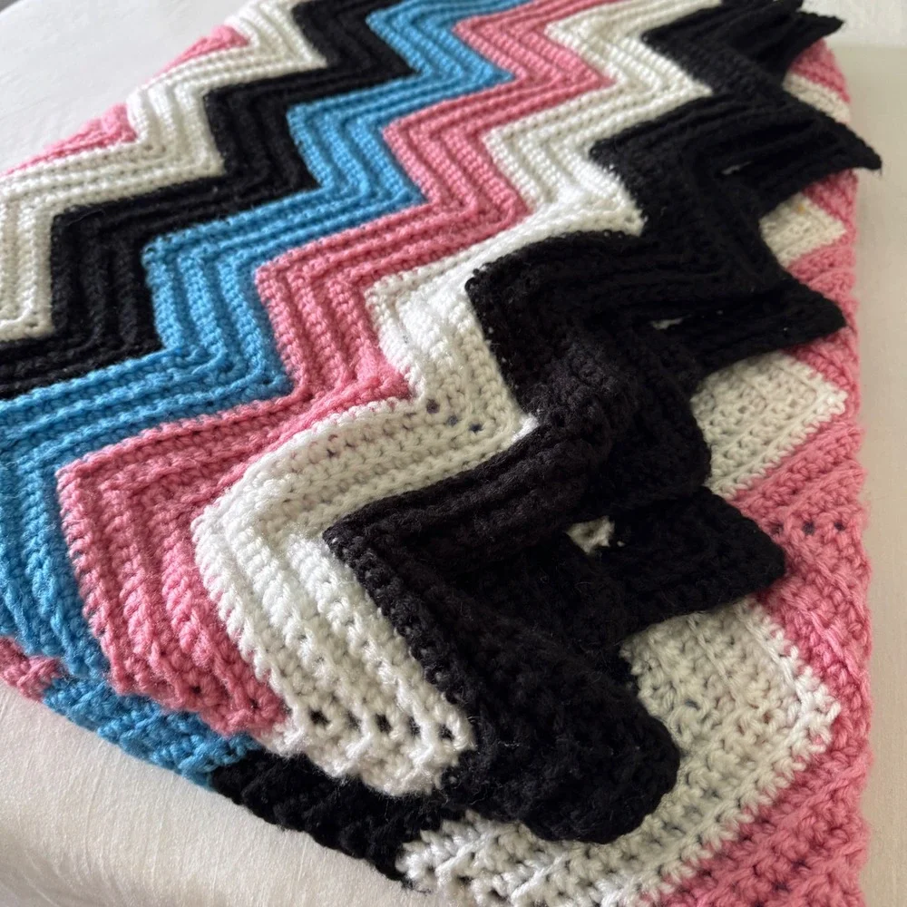 Handmade Crochet Afghan Blanket Chevron Ripple Pink Blue Black 80x132 Throw XL